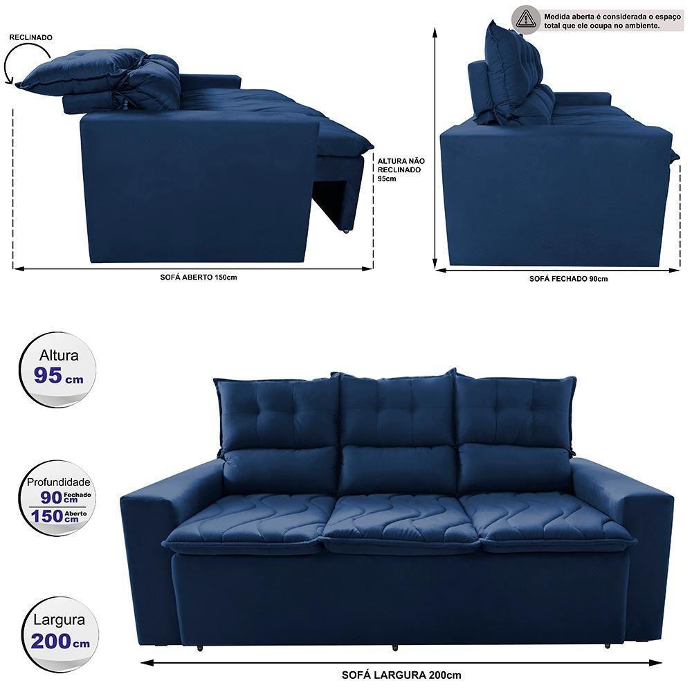 Sofá 3 Lugares Retrátil E Reclinável 2,00m Cama Inbox Smal Com Bordado Pantográfico Suede Azul - 8