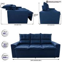 Sofá 3 Lugares Retrátil E Reclinável 2,00m Cama Inbox Smal Com Bordado Pantográfico Suede Azul - 8