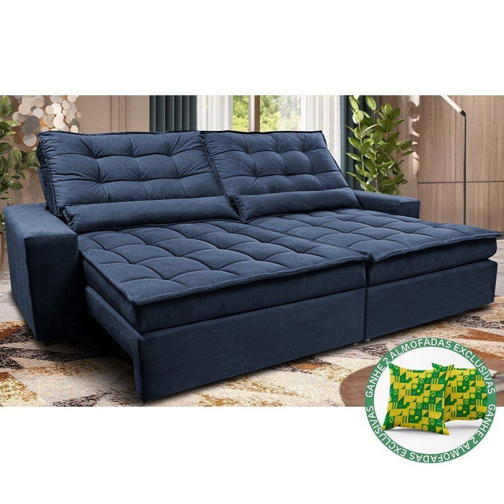 Sofá Retrátil E Reclinável 2,12m Molas Ensacadas Cama Inbox Catar Velusoft Azul - 1