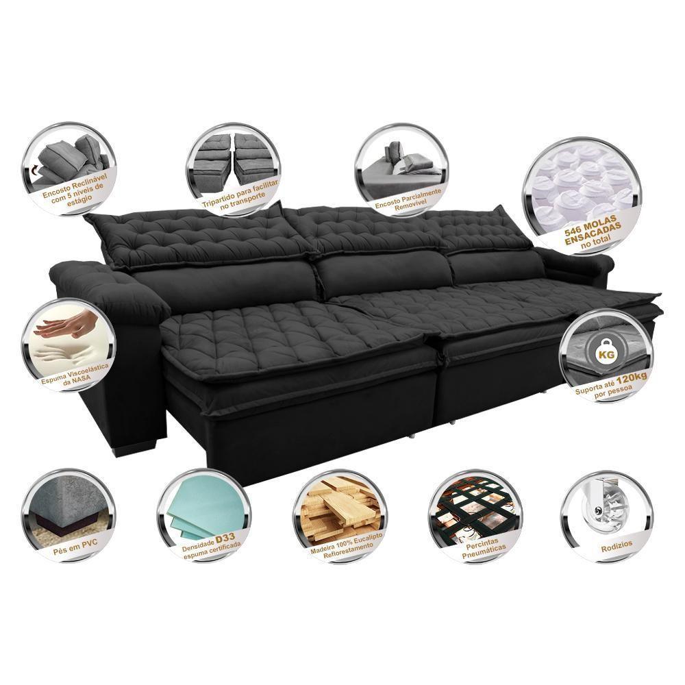 Sofá Retrátil E Reclinável 4,12m Molas Ensacadas Cama Inbox Botonê Espuma Viscoelástico Preto - 7