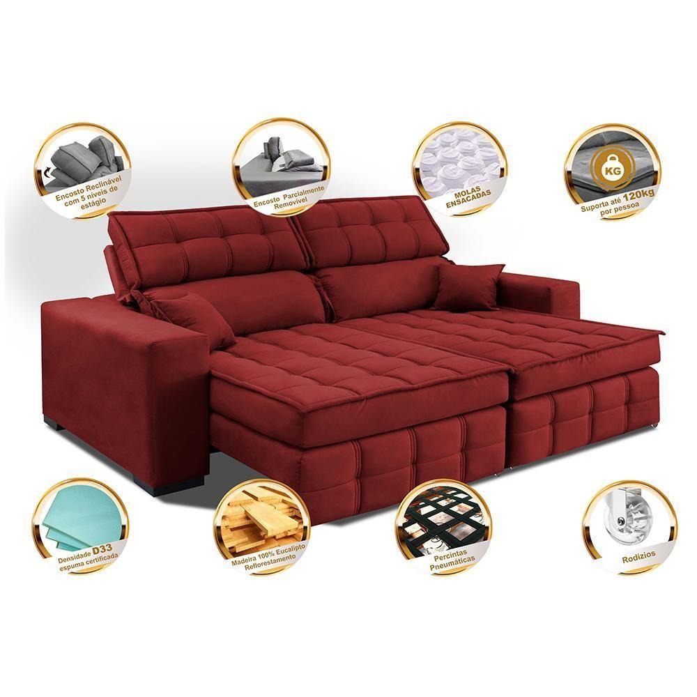 Sofá Retrátil E Reclinável 1,80m Molas Ensacadas E Costura Tripla Cama Inbox Nobre Suede Vermelho - 7