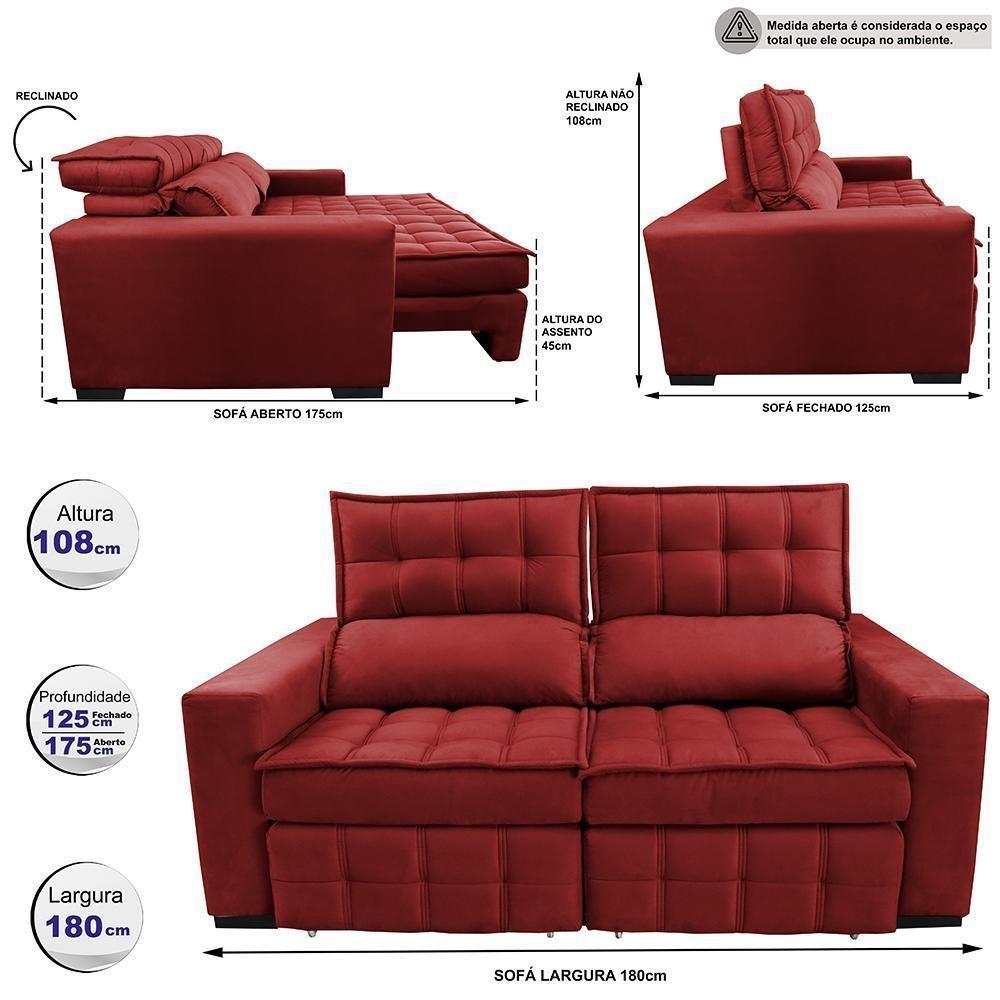 Sofá Retrátil E Reclinável 1,80m Molas Ensacadas E Costura Tripla Cama Inbox Nobre Suede Vermelho - 8