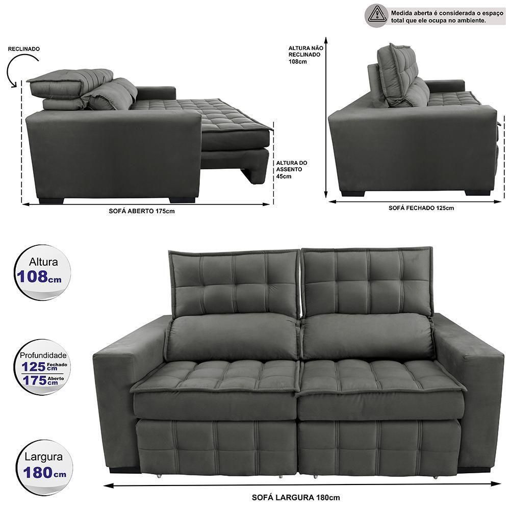 Sofá Retrátil E Reclinável 1,80m Molas Ensacadas E Costura Tripla Cama Inbox Nobre Suede Cinza - 8