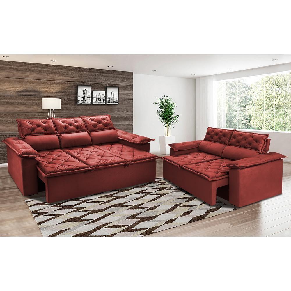 Conjunto De Sofá 3 E 2 Lugares Retrátil Reclinável Cama Inbox Compact 2,00x1,50m Velusoft Vermelho - 1