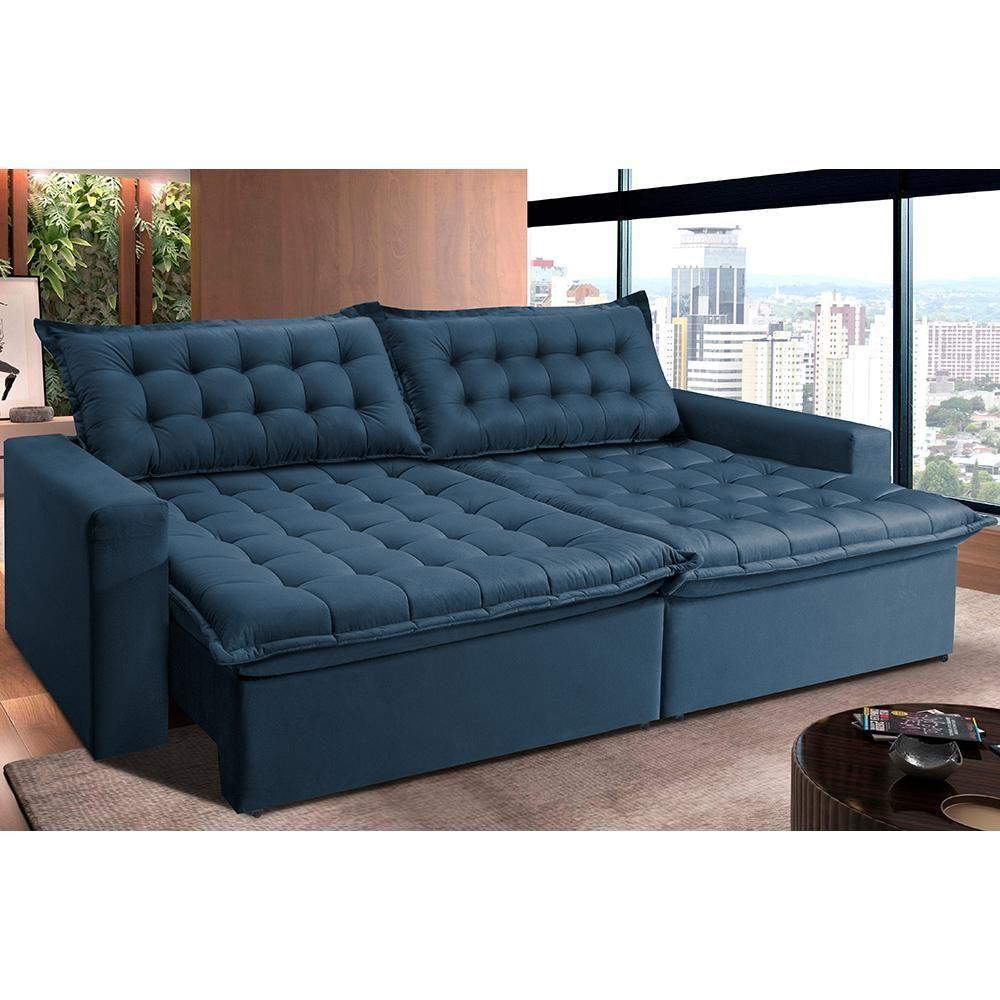 Sofá Retrátil Reclinável E Cama 2,35m Cama Inbox Suede Velusoft Azul - 1
