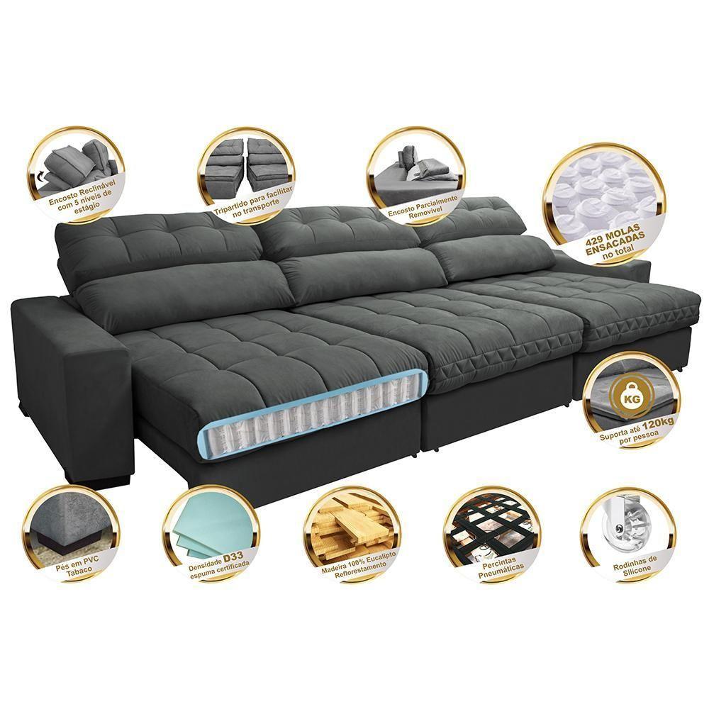 Sofá Retrátil E Reclinável Com Molas Ensacadas Cama Inbox Master 3,22m Tecido Suede Cinza - 7