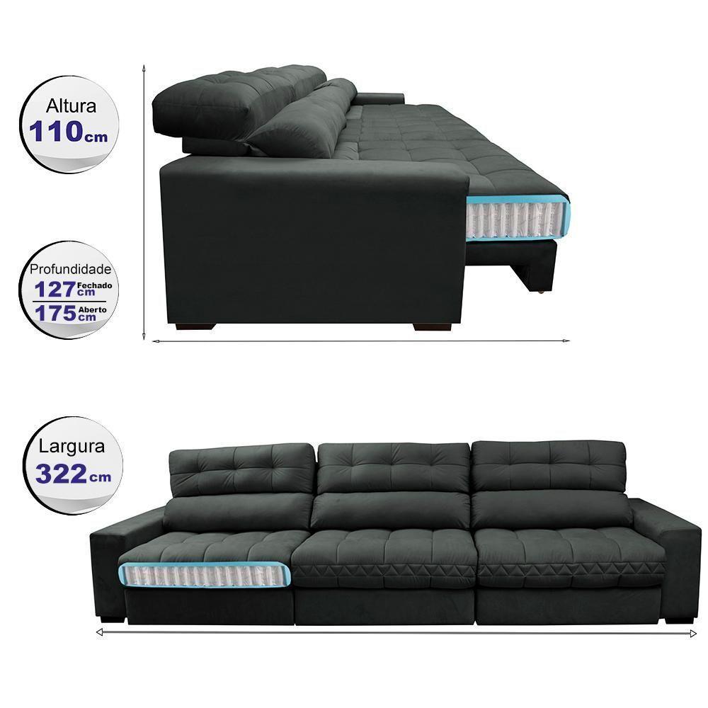 Sofá Retrátil E Reclinável Com Molas Ensacadas Cama Inbox Master 3,22m Tecido Suede Cinza - 8