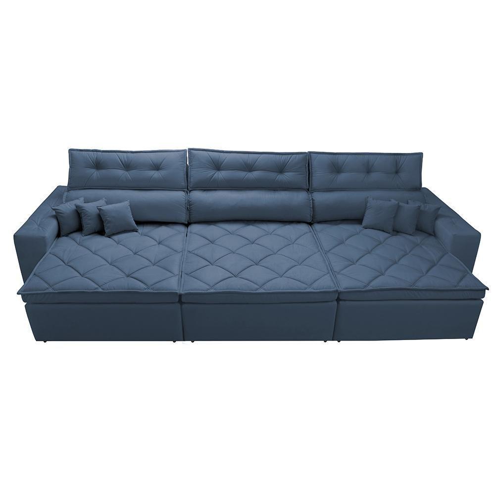 Sofá Austin 3,22m Retrátil, Reclinável Com Molas No Assento E Almofadas, Suede Azul Cama Inbox - 5