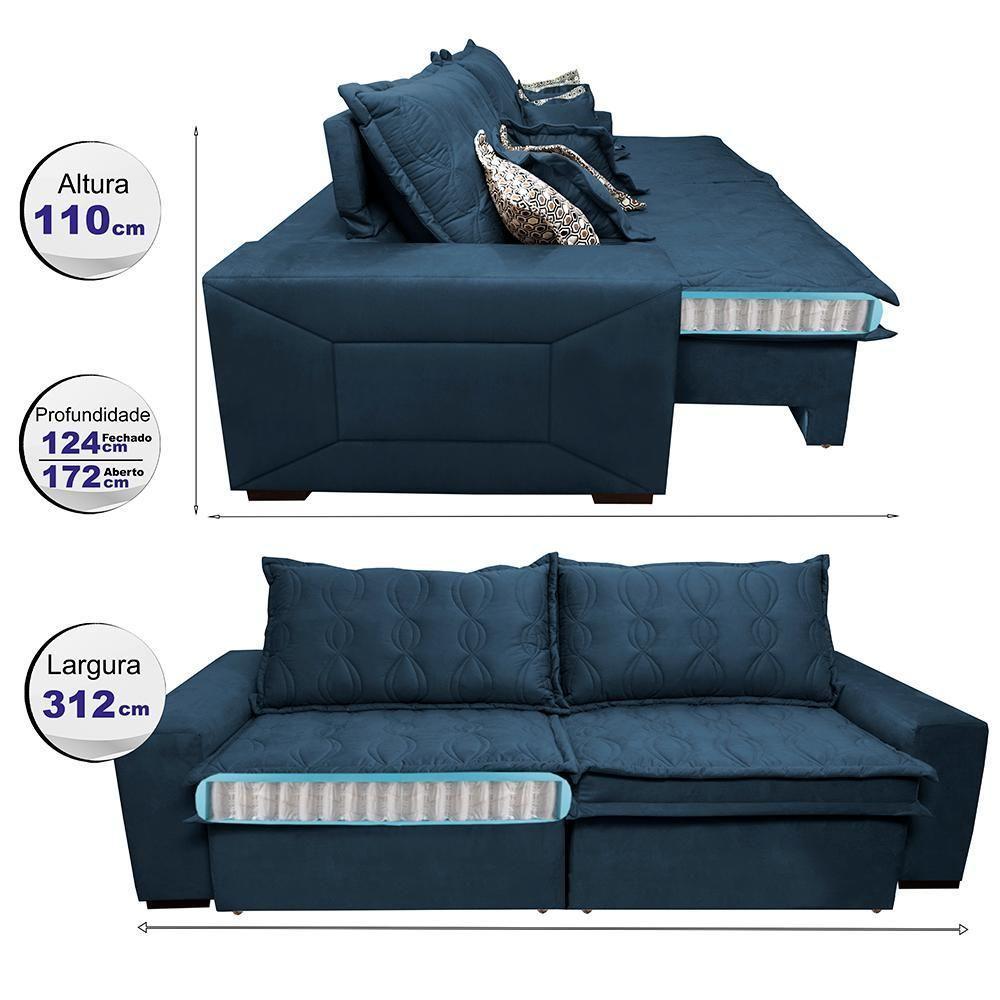 Sofá Retrátil E Reclinável 3,12m Com Molas Ensacadas Cama Inbox Supreme Tecido Suede Velusoft Azul - 8