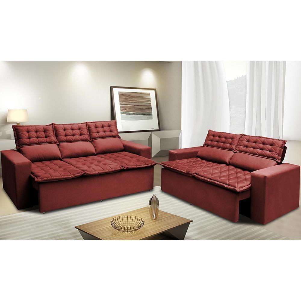 Conjunto De Sofá 3 E 2 Lugares Retrátil E Reclinável Cama Inbox Slim 2,00x1,50m Velusoft Vermelho - 1