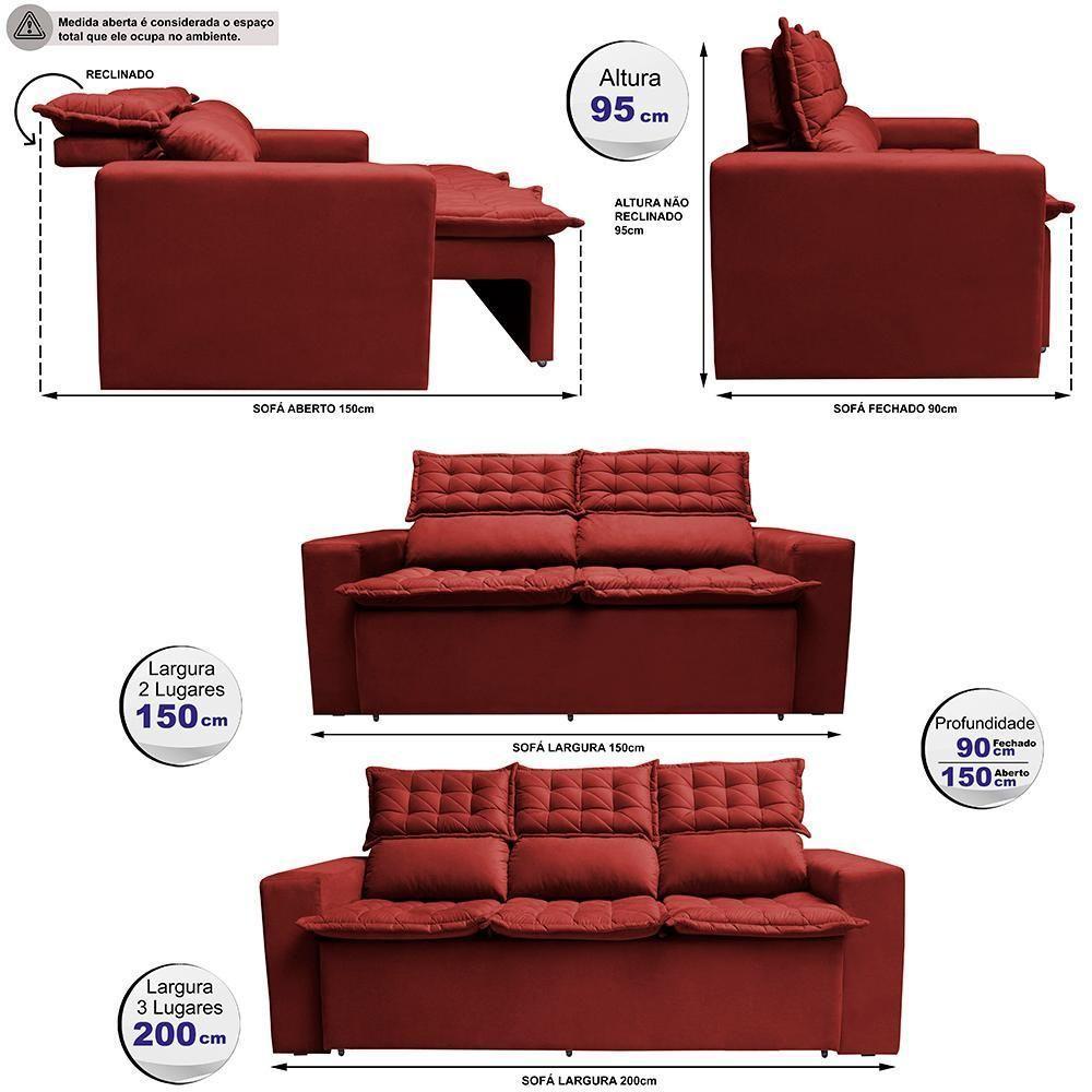 Conjunto De Sofá 3 E 2 Lugares Retrátil E Reclinável Cama Inbox Slim 2,00x1,50m Velusoft Vermelho - 2