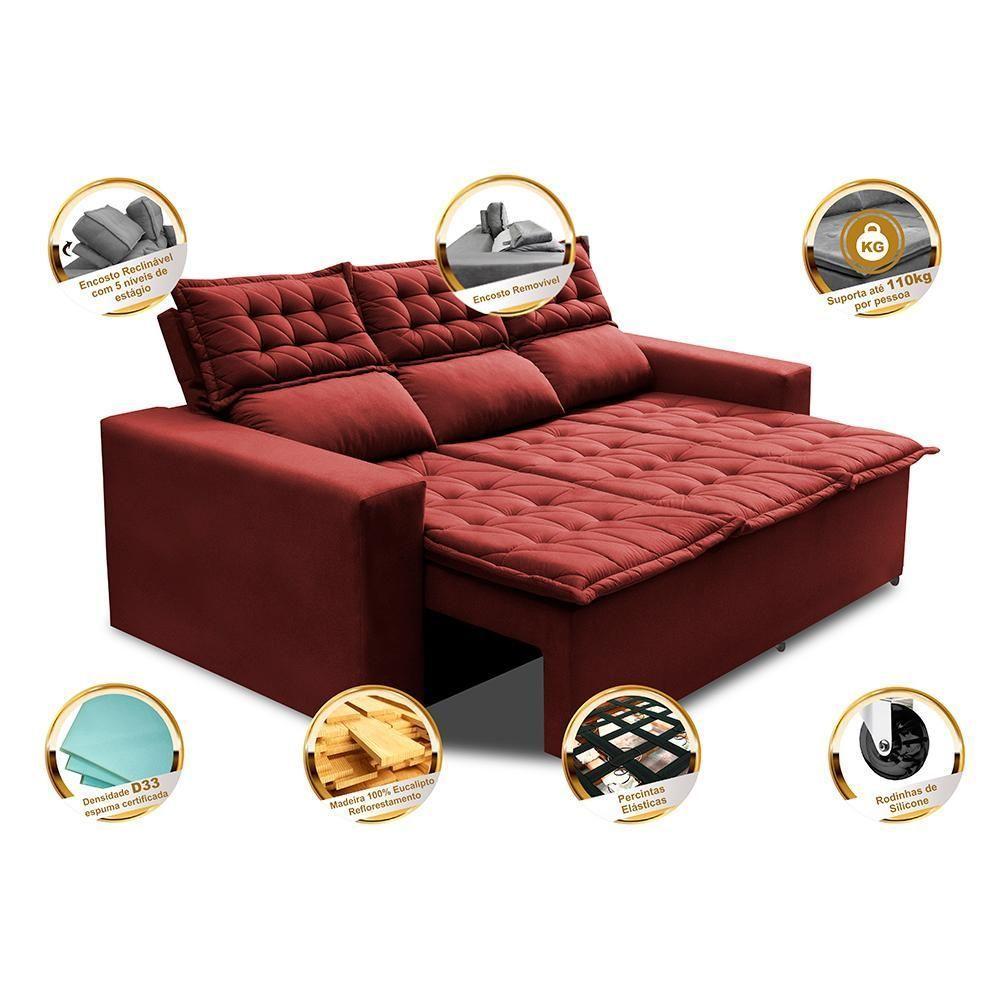 Sofá 3 Lugares Retrátil E Reclinável Cama Inbox Slim 2,00m Velusoft Vermelho - 7