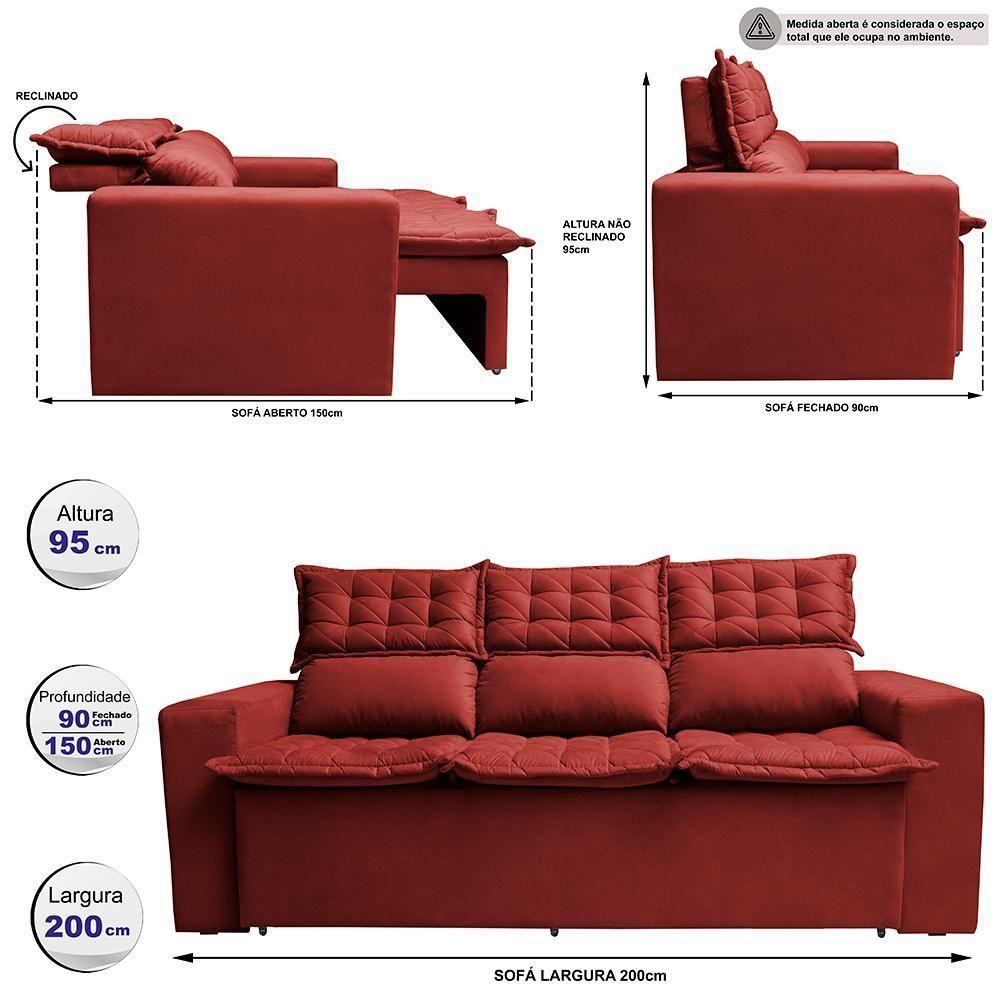 Sofá 3 Lugares Retrátil E Reclinável Cama Inbox Slim 2,00m Velusoft Vermelho - 8