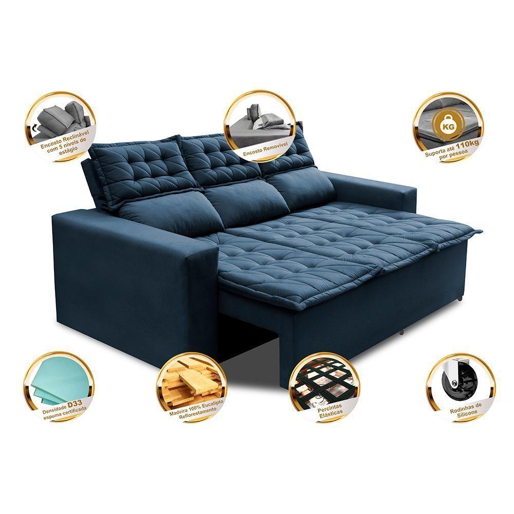 Sofá 3 Lugares Retrátil E Reclinável Cama Inbox Slim 2,00m Velusoft Azul - 7