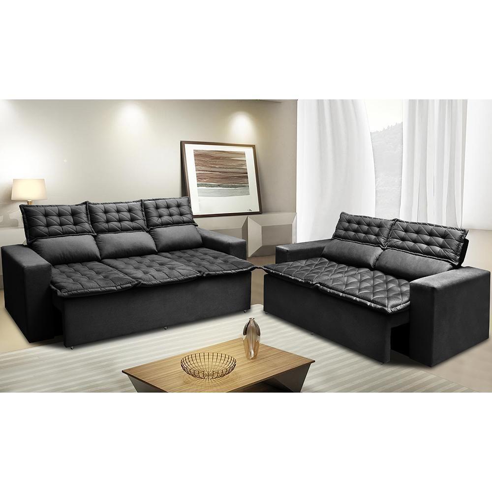 Conjunto De Sofá 3 E 2 Lugares Retrátil E Reclinável Cama Inbox Slim 2,00x1,50m Velusoft Preto - 1