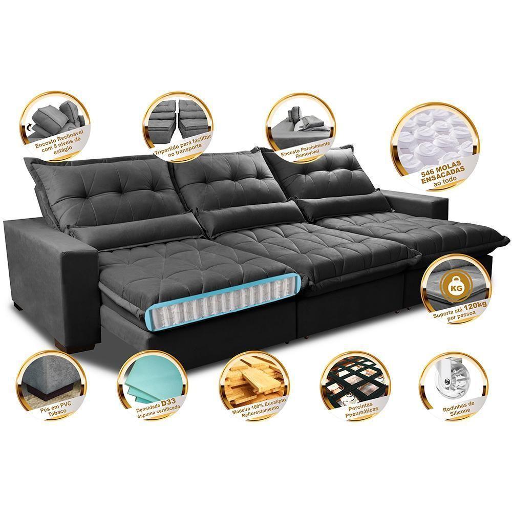 Sofá Retrátil E Reclinável 4,12m Com Molas Ensacadas Cama Inbox Soft Tecido Suede Velusoft Preto - 7