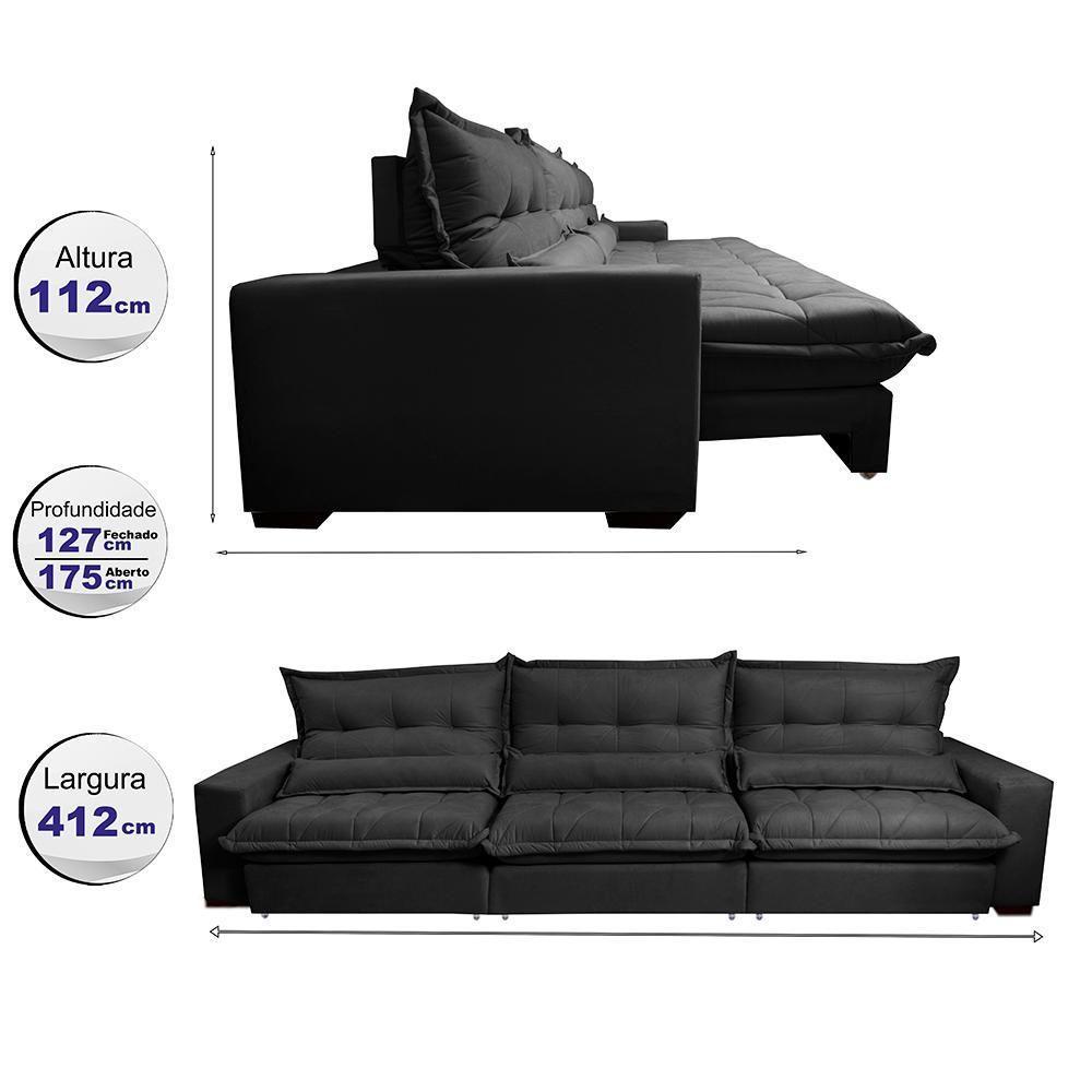Sofá Retrátil E Reclinável 4,12m Com Molas Ensacadas Cama Inbox Soft Tecido Suede Velusoft Preto - 8