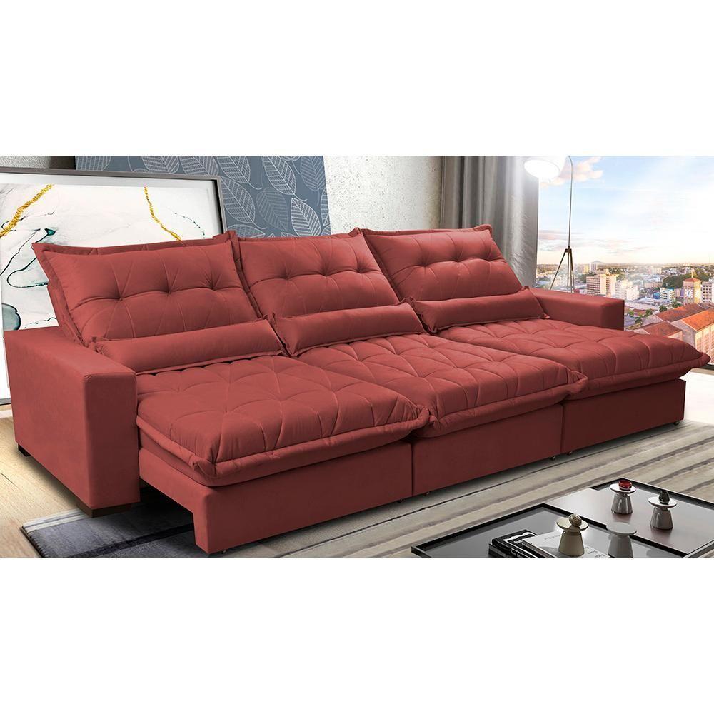Sofá Retrátil E Reclinável 3,82m Com Molas Ensacadas Cama Inbox Soft Tecido Suede Velusoft Vermelho - 1