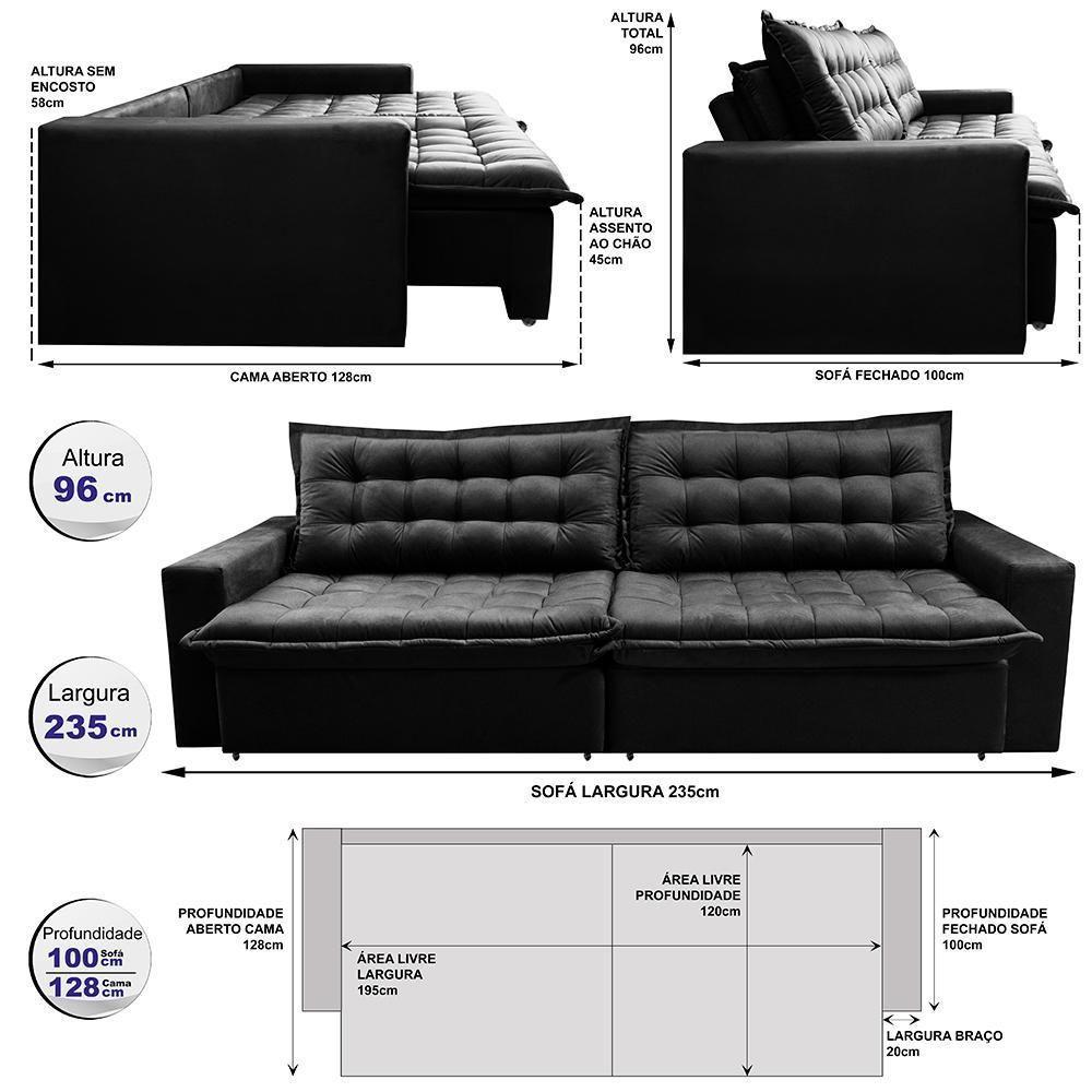 Sofá Retrátil Reclinável E Cama 2,35m Cama Inbox Flex Suede Velusoft Preto - 7