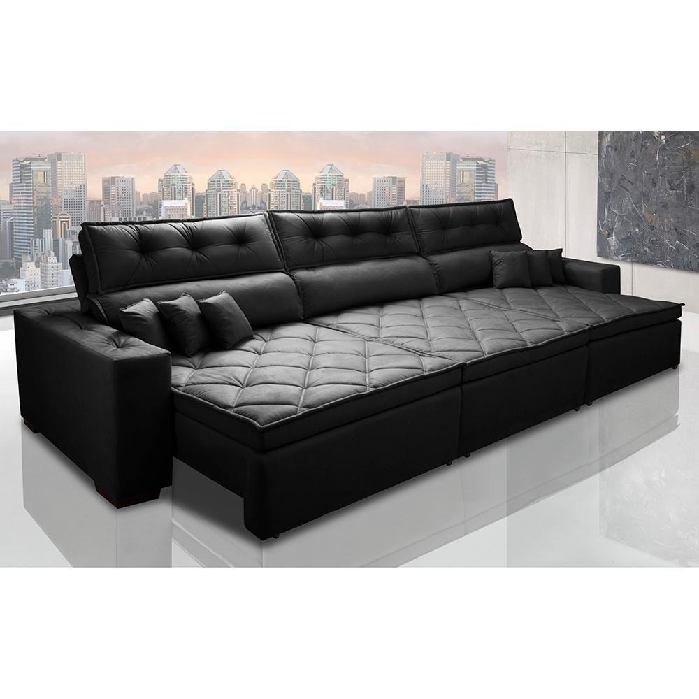 Sofá Retrátil E Reclinável 3,82m Austin Com Molas No Assento Tecido Suede Velusoft Preto - 1