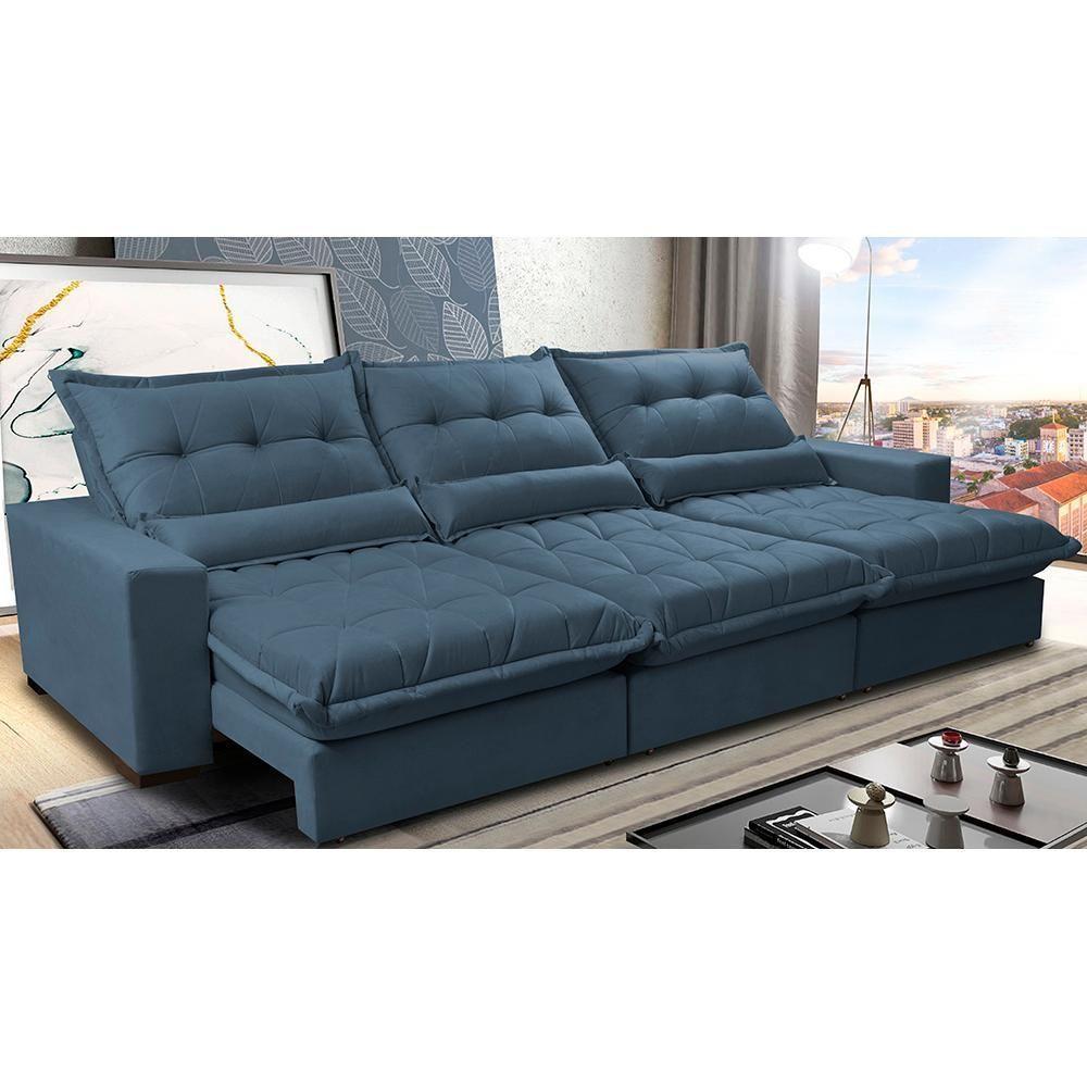 Sofá Retrátil E Reclinável 3,82m Com Molas Ensacadas Cama Inbox Soft Tecido Suede Velusoft Azul - 1