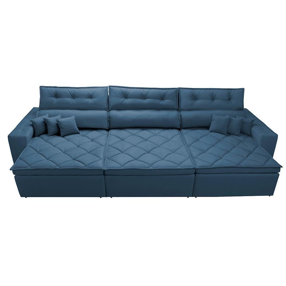 Sofá Retrátil E Reclinável 4,12m Austin Com Molas No Assento Tecido Suede Velusoft Azul - 5