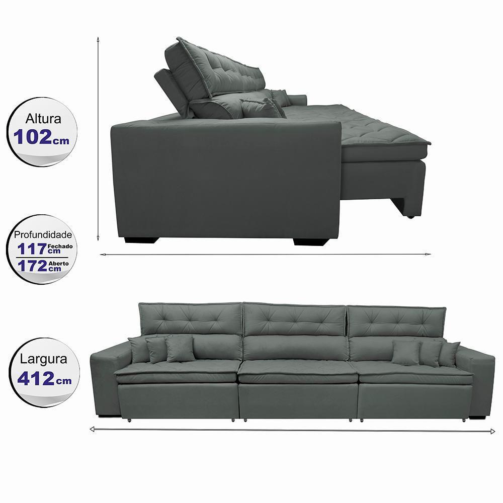 Sofá Retrátil E Reclinável 4,12m Austin Com Molas No Assento Tecido Suede Velusoft Cinza - 8