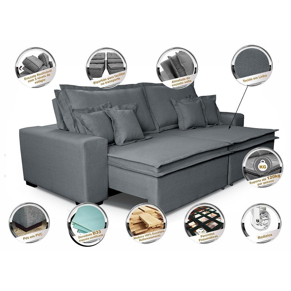 Sofa Retrátil E Reclinável Com Molas Cama Inbox Premium 2,92m Tecido Em Linho Cinza Escuro - 6