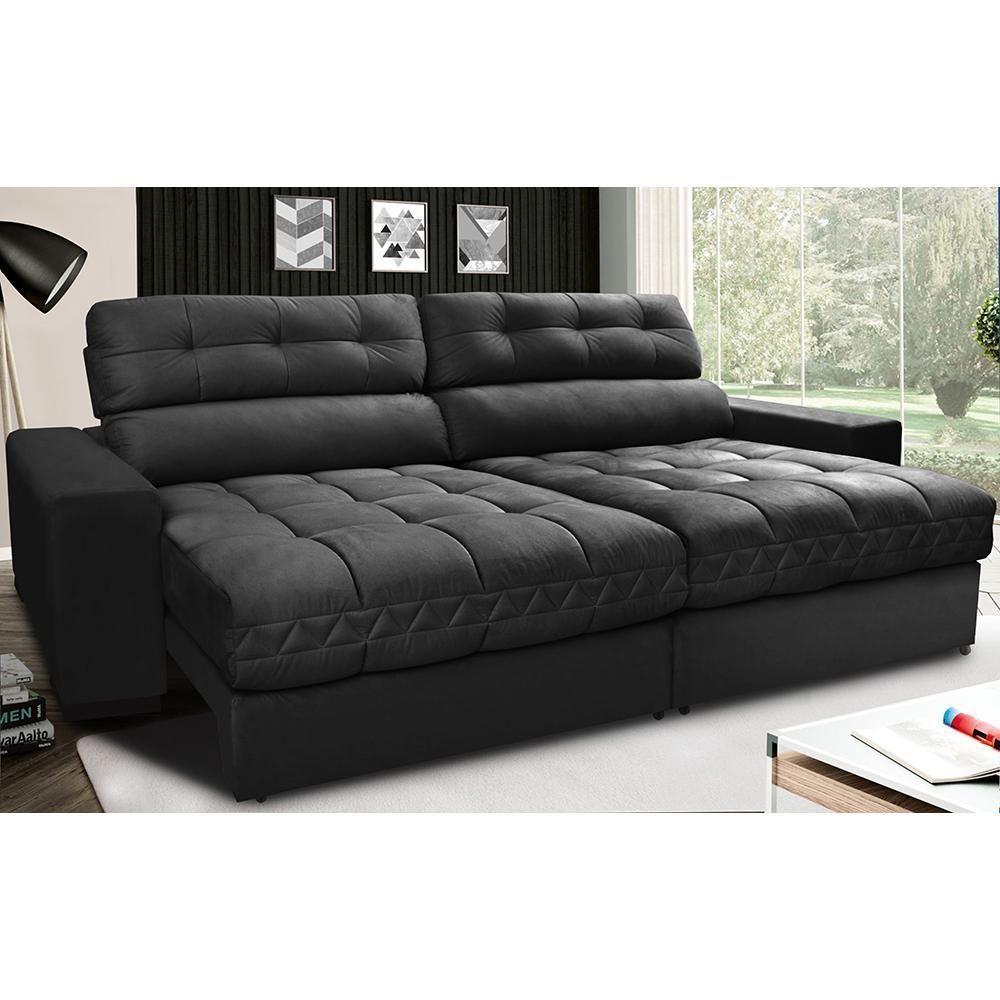 Sofá Retrátil E Reclinável Com Molas Ensacadas Cama Inbox Master 2,72m Tecido Suede Preto - 1