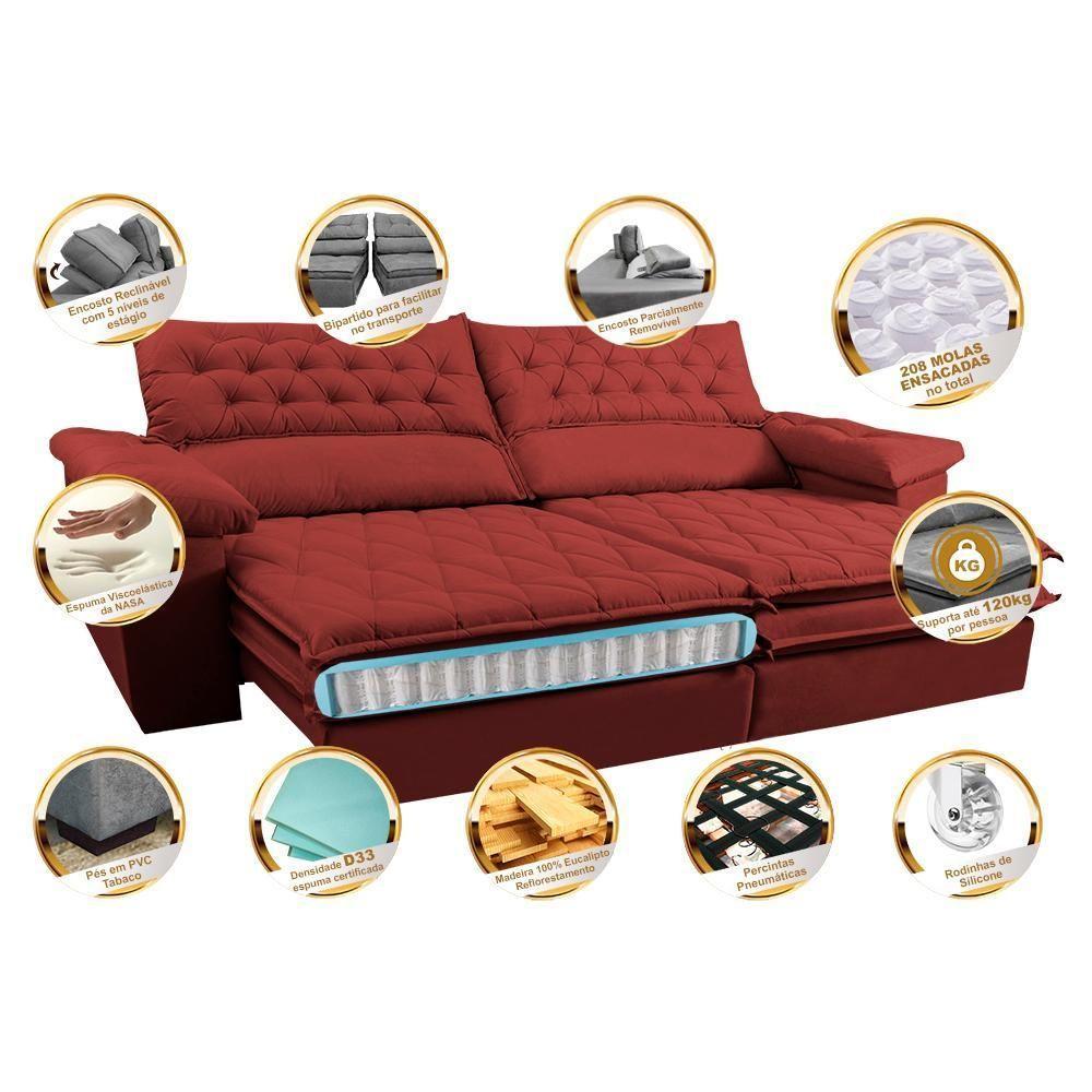 Sofá Retrátil, Reclinável Molas Ensacada Cama Inbox Botonê 2,32m Espuma Viscoelástico Suede Vermelho - 2