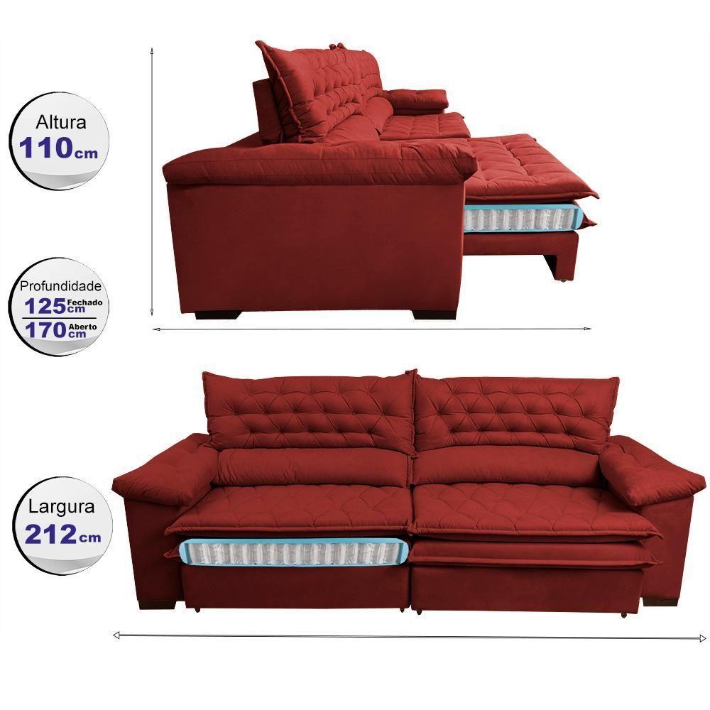 Sofá Retrátil, Reclinável Molas Ensacada Cama Inbox Botonê 2,12m Espuma Viscoelástico Suede Vermelho - 3