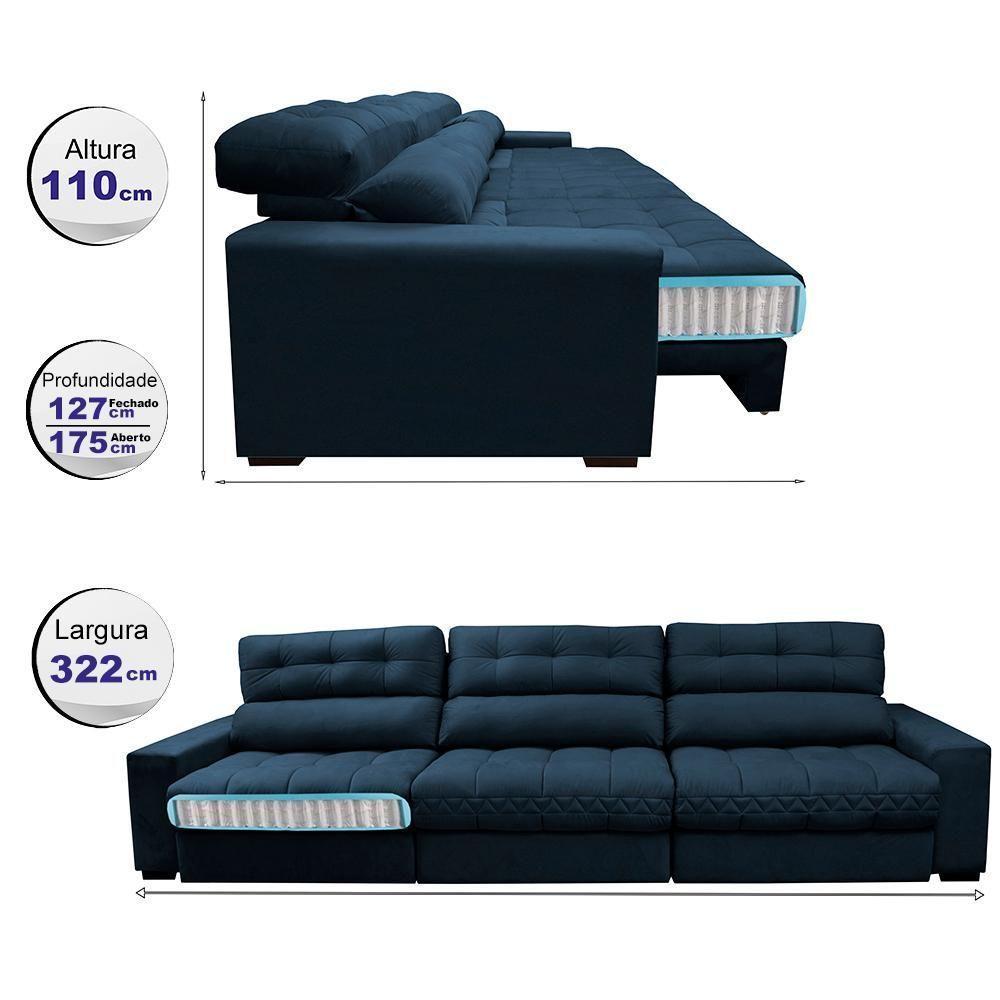 Sofá Retrátil E Reclinável Com Molas Ensacadas Cama Inbox Master 3,22m Tecido Suede Azul - 8