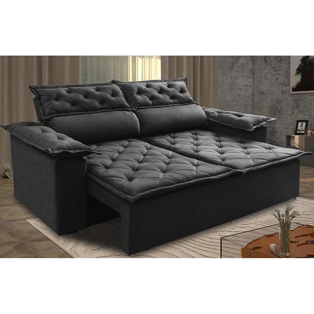 Sofá Retrátil E Reclinável Cama Inbox Compact 1,50m Tecido Suede Velusoft Preto - 1