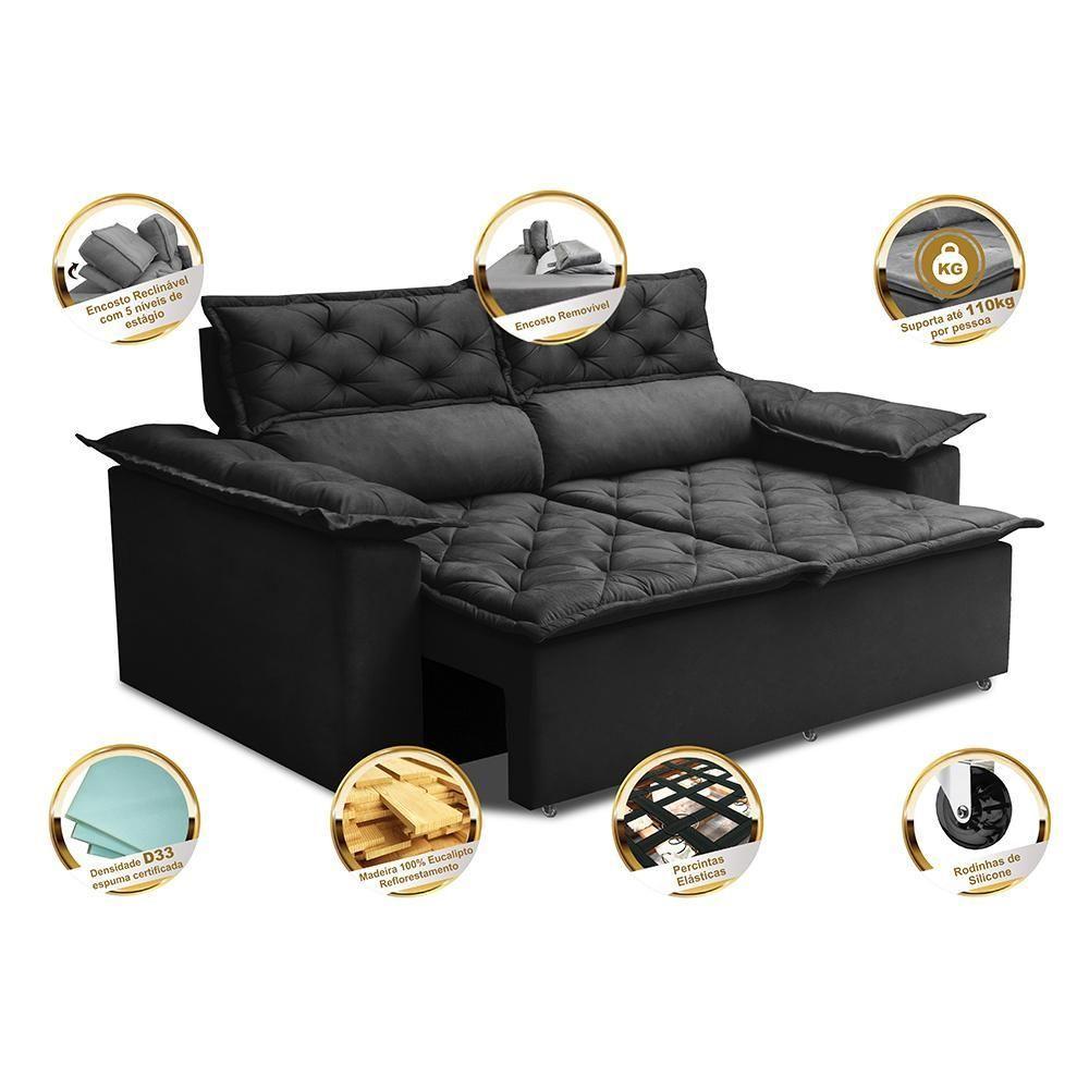 Sofá Retrátil E Reclinável Cama Inbox Compact 1,50m Tecido Suede Velusoft Preto - 7