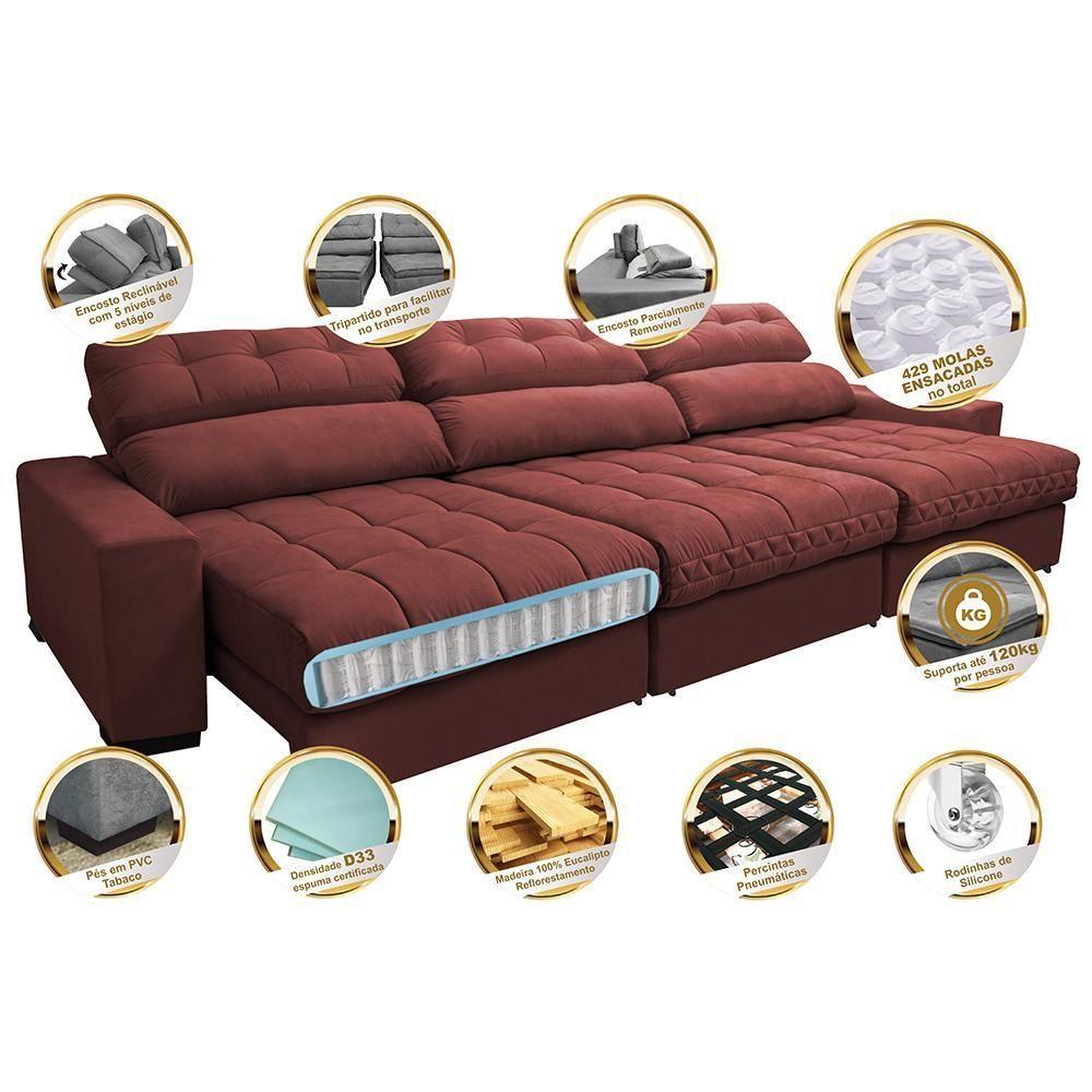 Sofá Retrátil E Reclinável Com Molas Ensacadas Cama Inbox Master 3,22m Tecido Suede Vermelho - 7