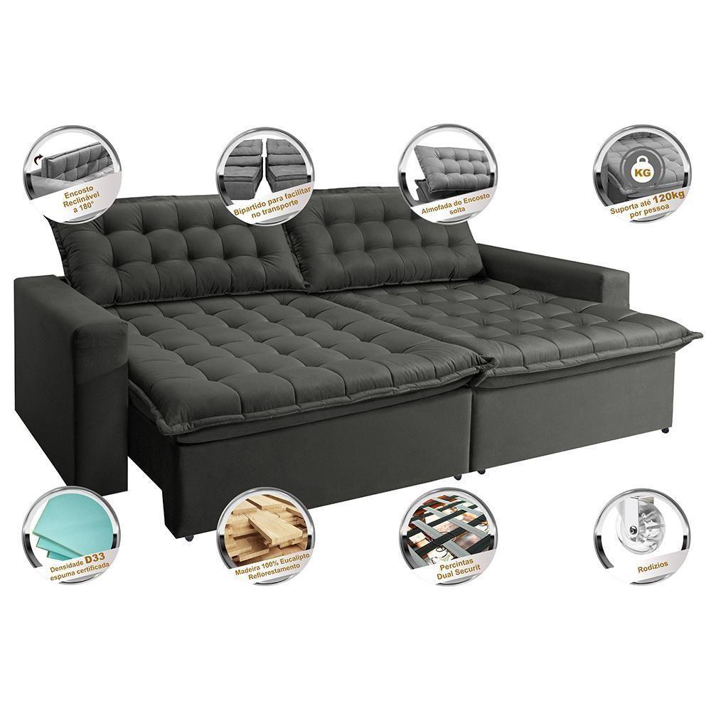 Sofá Retrátil Reclinável E Cama 2,15m Cama Inbox Suede Velusoft Cinza - 6