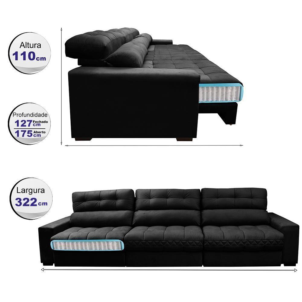 Sofá Retrátil E Reclinável Com Molas Ensacadas Cama Inbox Master 3,22m Tecido Suede Preto - 8