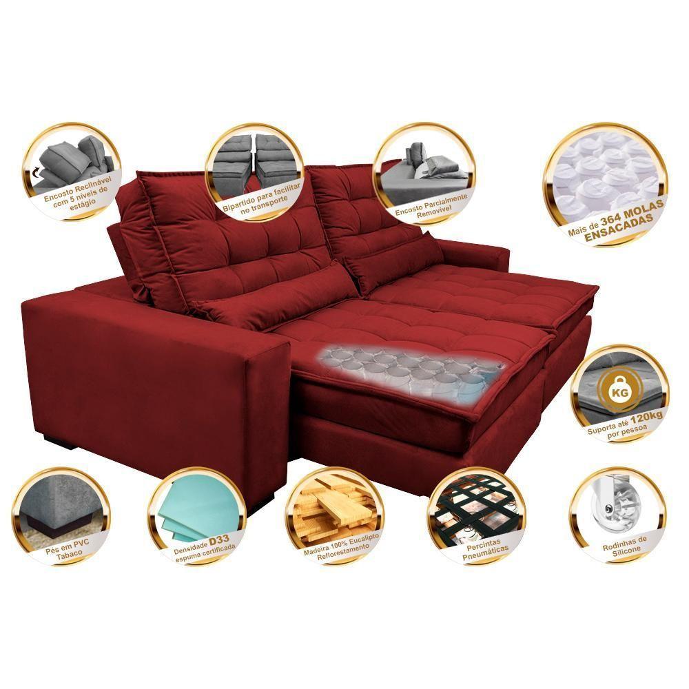 Sofá Retrátil E Reclinável Com Molas Ensacadas Cama Inbox Gold 3,12m Tecido Suede Velusoft Vermelho - 7