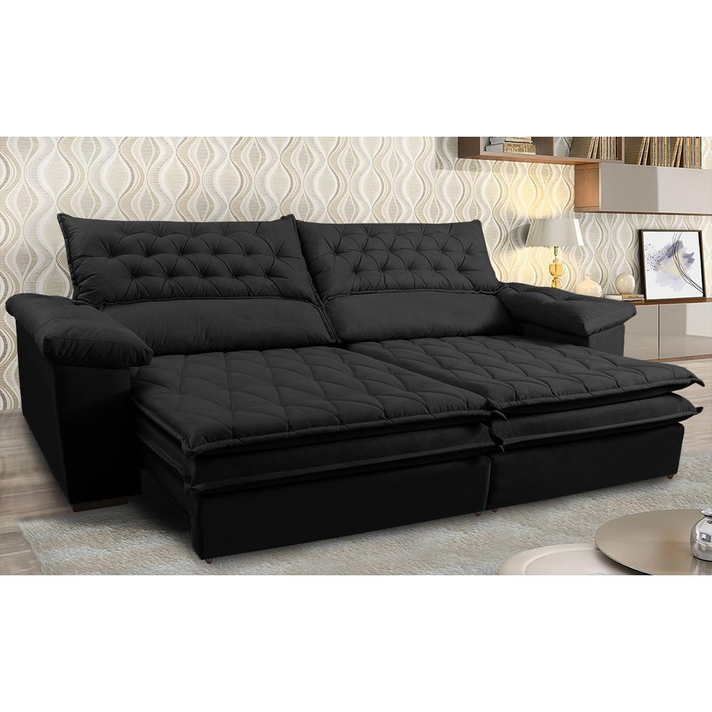 Sofá Retrátil E Reclinável Molas Ensacadas Cama Inbox Botonê 2,32m Espuma Viscoelástico Suede Preto - 1