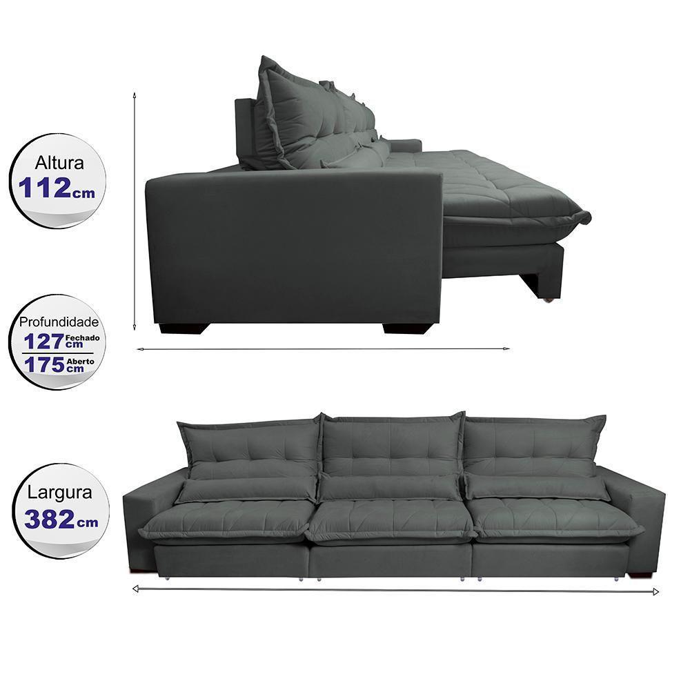 Sofá Retrátil E Reclinável 3,82m Com Molas Ensacadas Cama Inbox Soft Tecido Suede Velusoft Cinza - 8