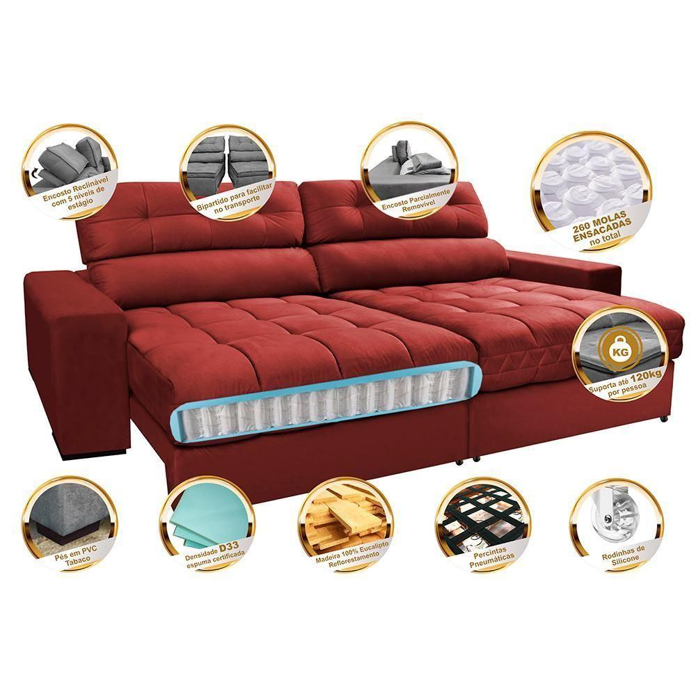 Sofá Retrátil E Reclinável Com Molas Ensacadas Cama Inbox Master 2,52m Tecido Suede Vermelho - 7