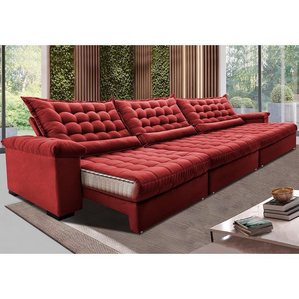 Sofá Retrátil E Reclinável 4,15m Molas Ensacadas Cama Inbox Big Space Com Bordado Velusoft Vermelho - 1