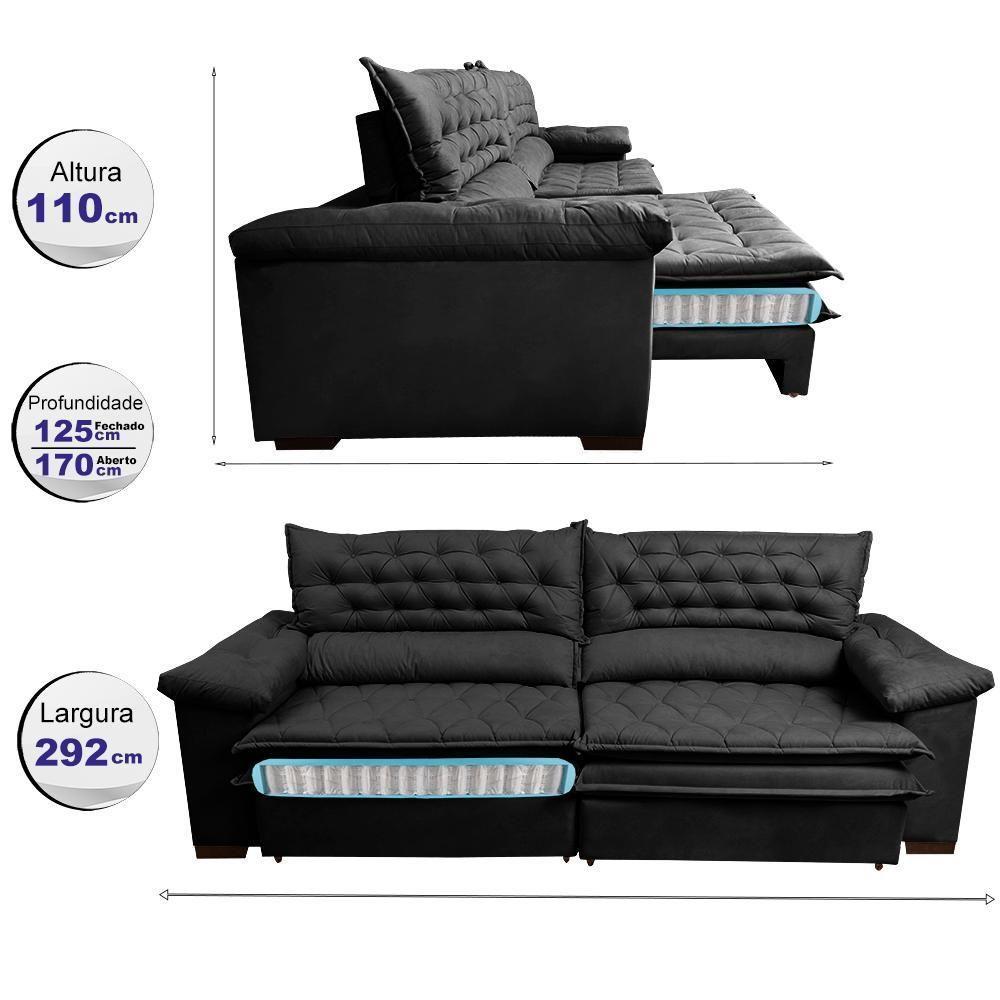 Sofá Retrátil E Reclinável Molas Ensacadas Cama Inbox Botonê 2,92m Espuma Viscoelástico Suede Preto - 7