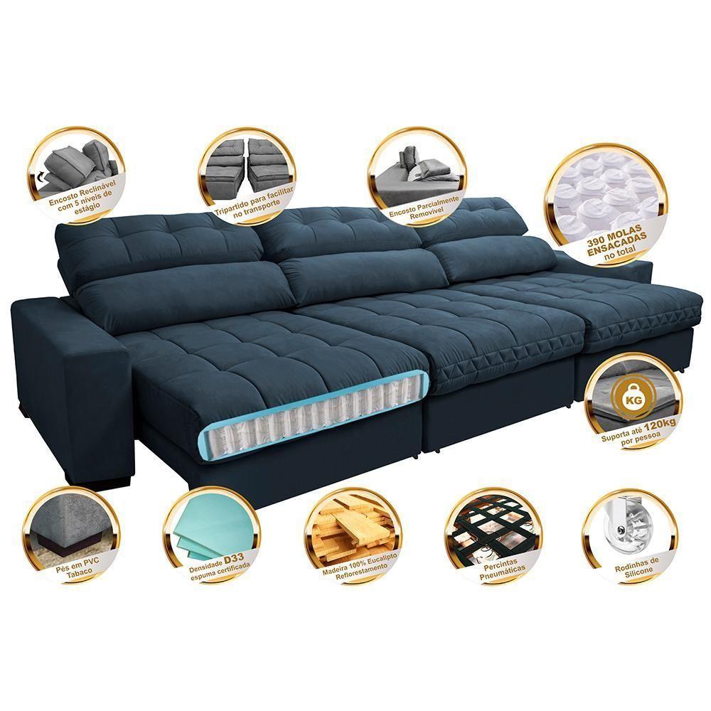 Sofá Retrátil E Reclinável Com Molas Ensacadas Cama Inbox Master 3,52m Tecido Suede Azul - 7