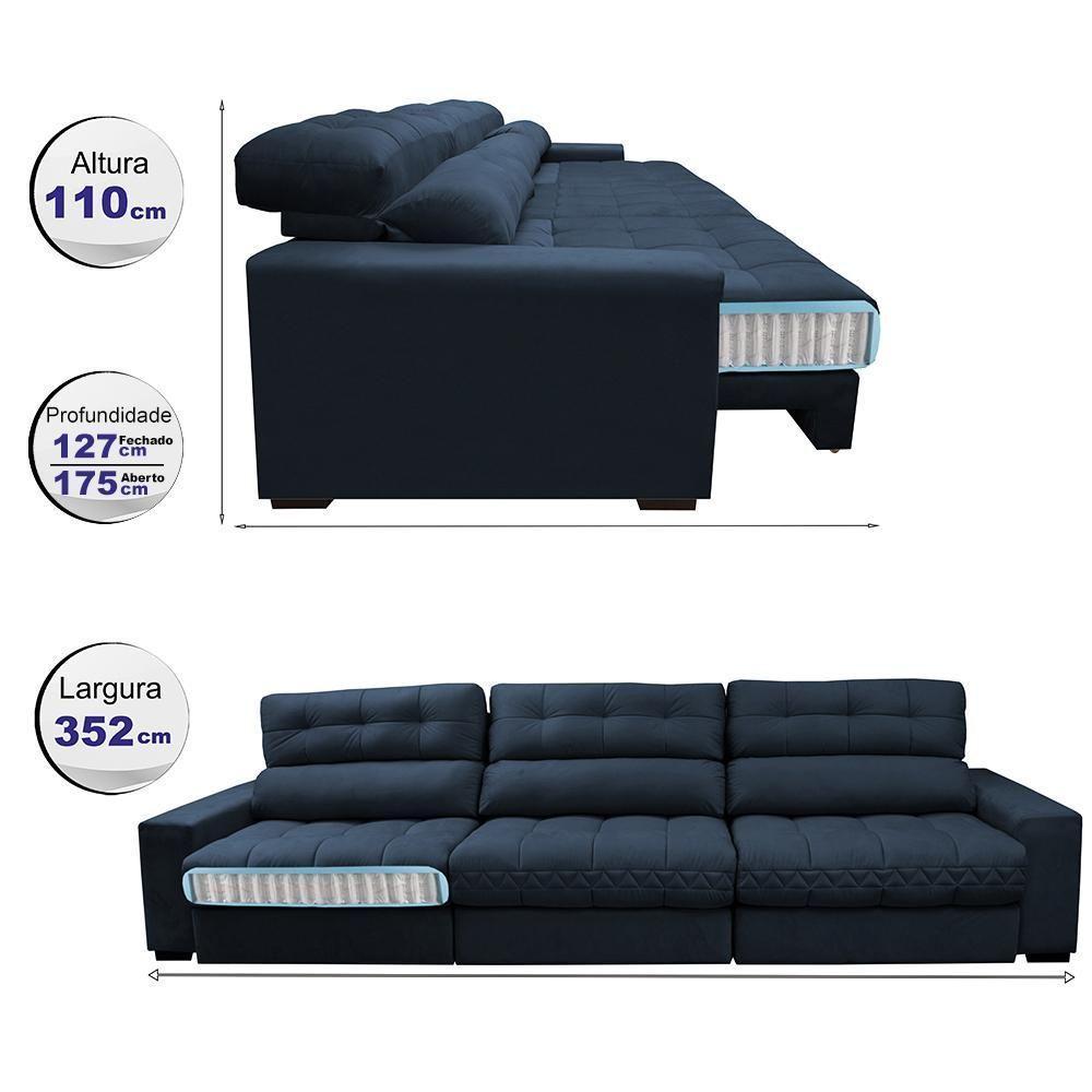 Sofá Retrátil E Reclinável Com Molas Ensacadas Cama Inbox Master 3,52m Tecido Suede Azul - 8