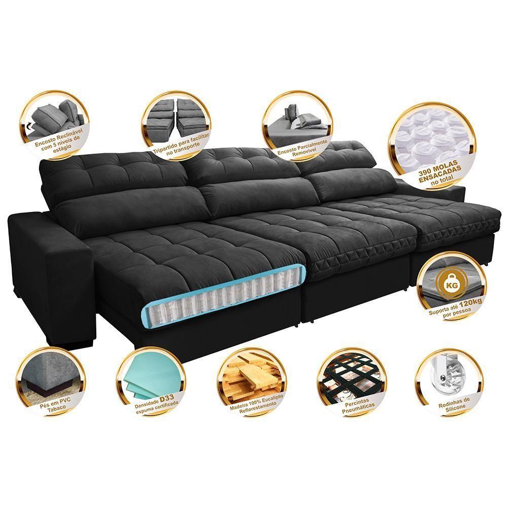 Sofá Retrátil E Reclinável Com Molas Ensacadas Cama Inbox Master 3,52m Tecido Suede Preto - 7