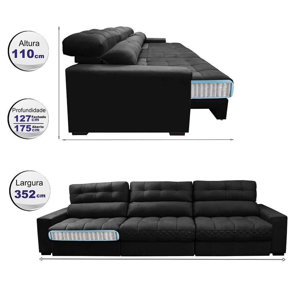 Sofá Retrátil E Reclinável Com Molas Ensacadas Cama Inbox Master 3,52m Tecido Suede Preto - 8