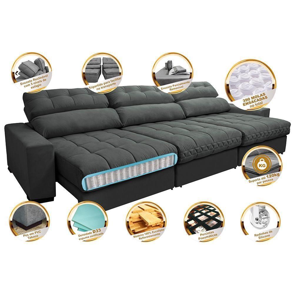 Sofá Retrátil E Reclinável Com Molas Ensacadas Cama Inbox Master 3,52m Tecido Suede Cinza - 7