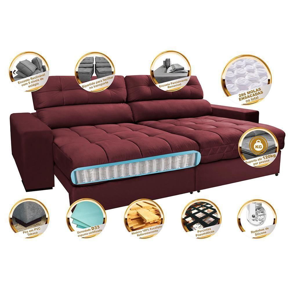 Sofá Retrátil E Reclinável Com Molas Ensacadas Cama Inbox Master 2,72m Tecido Suede Vinho - 7