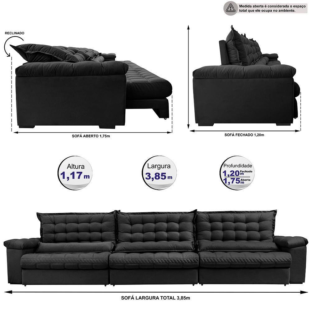 Sofá Retrátil E Reclinável 3,85m Molas Ensacadas Cama Inbox Big Space Com Bordado 3d Velusoft Preto - 8